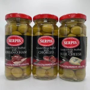 COMBO DE ACEITUNAS SERPIS - RELLENAS CON CHORIZO, JAMON SERRANO Y QUESO AZUL